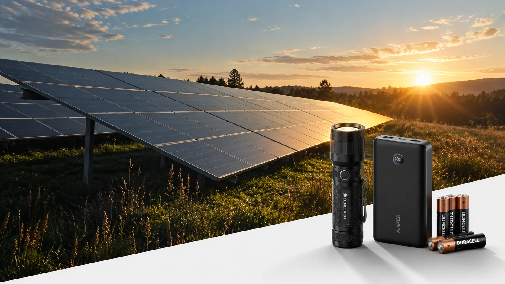 Illustration of solar panels, a torch, power bank and batteries at sunset