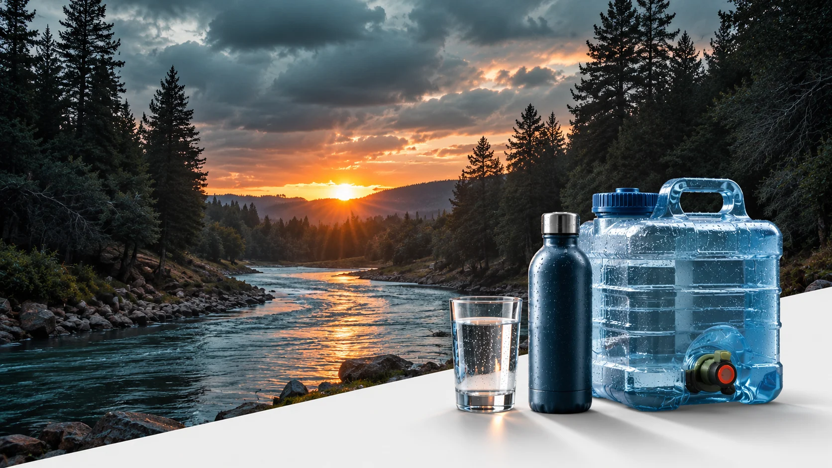 Illustration of water containers beside a forest river at sunset