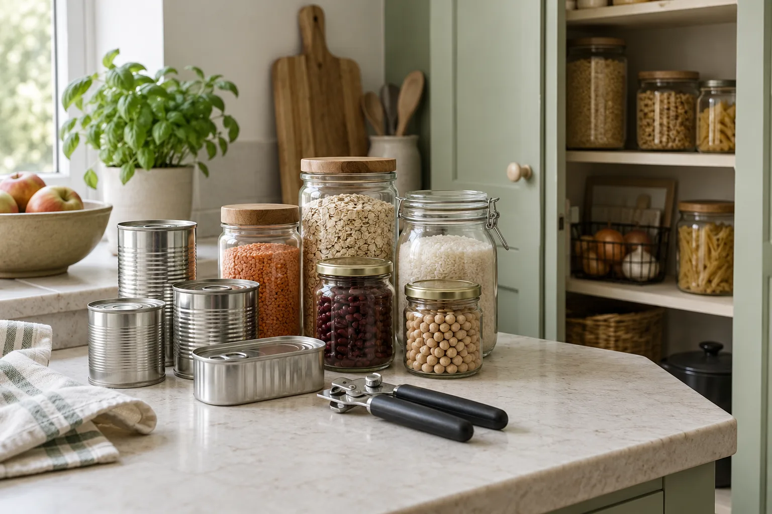 Illustrative pantry supplies and a manual tin opener on a kitchen worktop