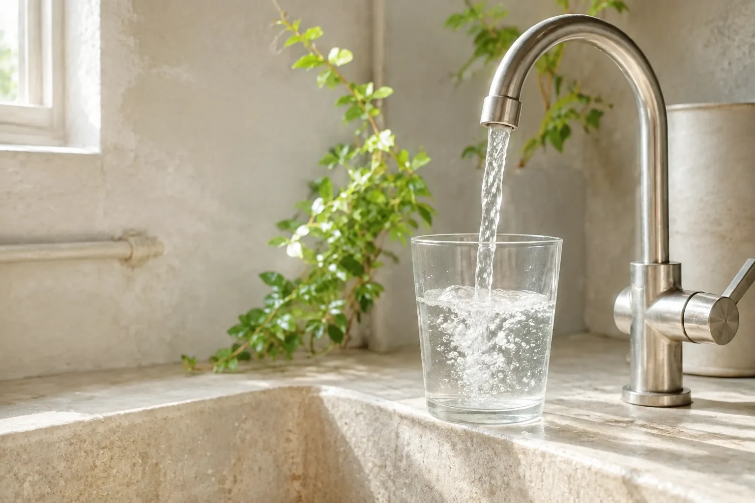 Clear water pouring from a kitchen tap into a glass