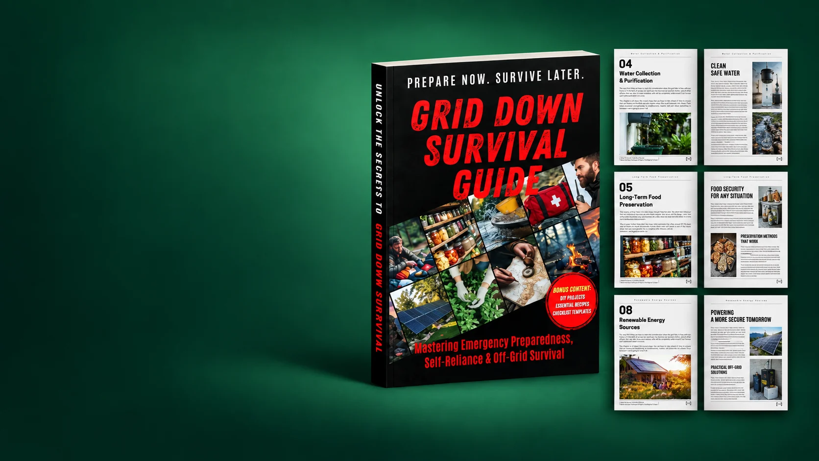 Grid Down Survival Guide book cover with illustrated sample spreads