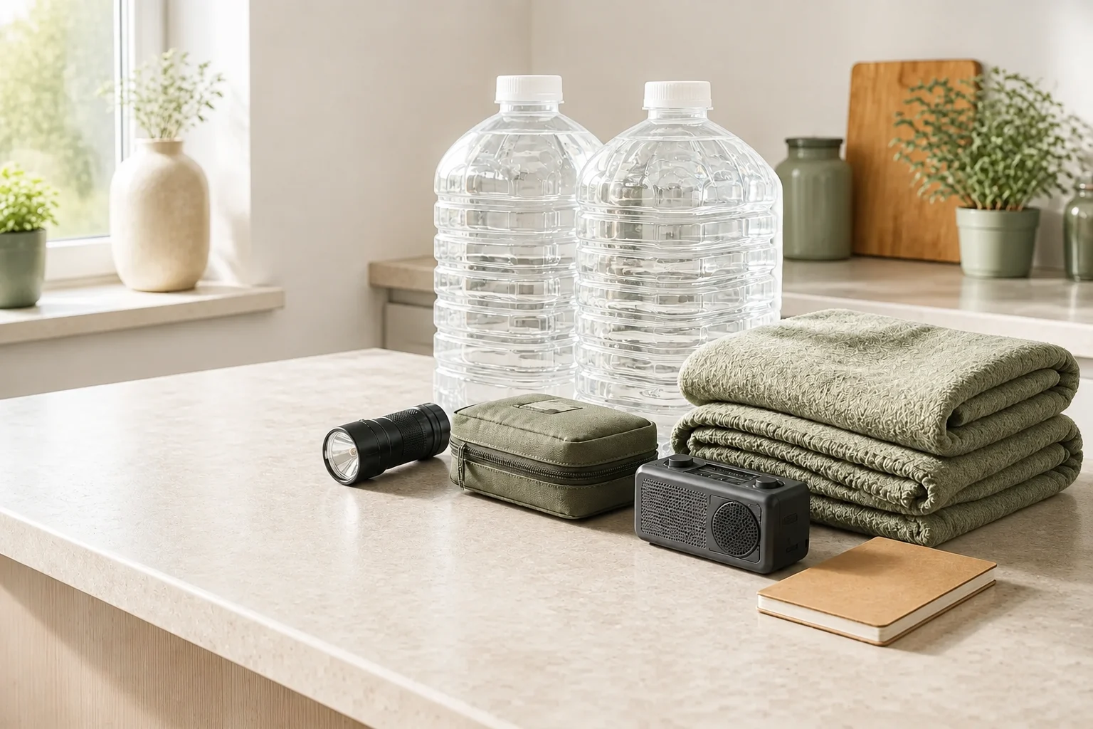 Water containers and household emergency supplies arranged on a worktop