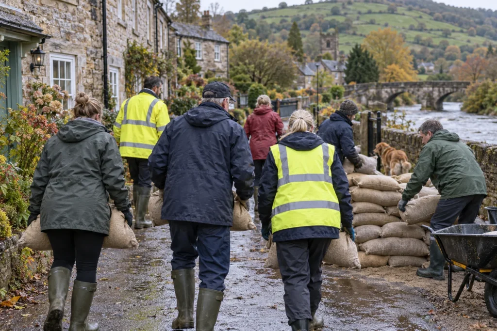 Illustration of neighbours carrying sandbags in a British village.