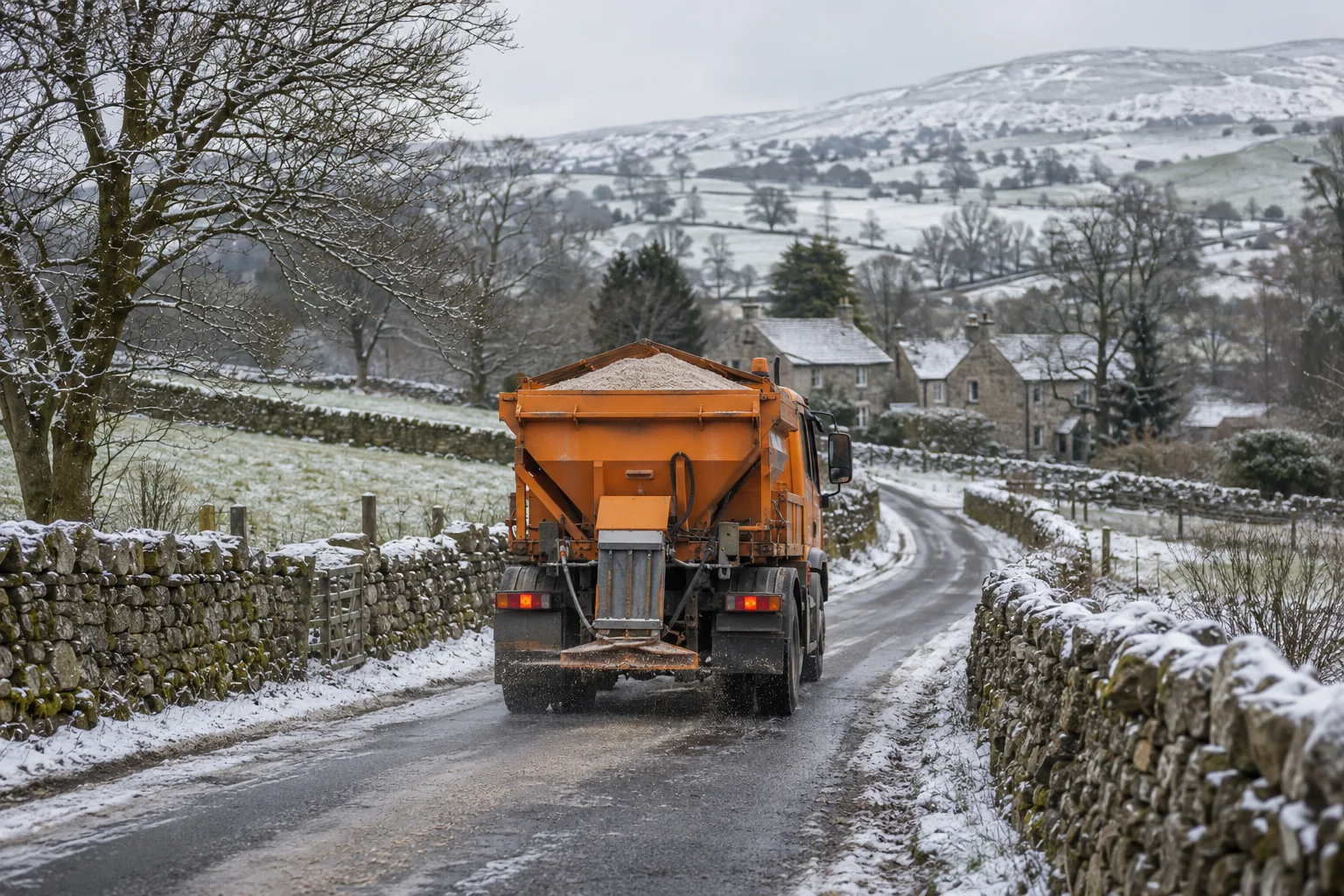 Illustration of a gritting lorry on a snowy British country road.