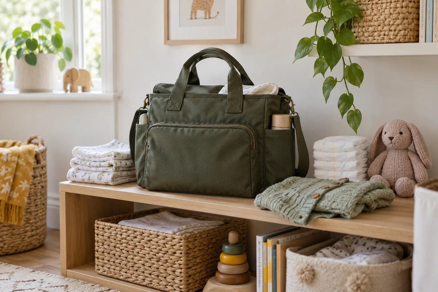 A changing bag with nappies, muslin cloths, a cardigan and a soft toy.