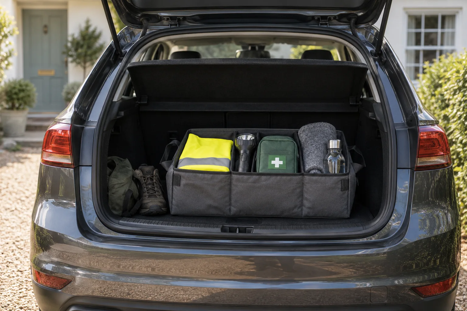 Emergency supplies organised in the boot of a car on a driveway.