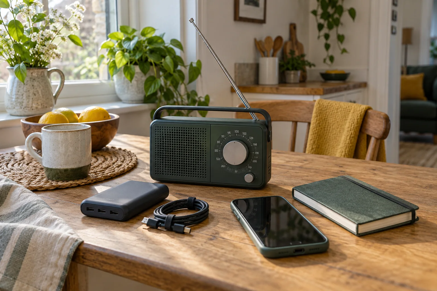 A battery radio, phone, power bank and address book on a kitchen table.