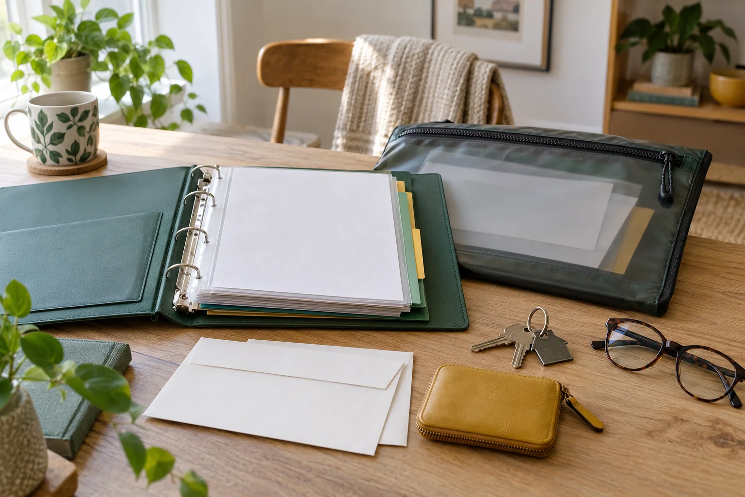 An organised document folder, waterproof pouch, envelopes, purse and house keys.