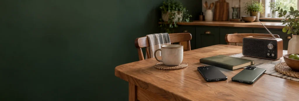 Phones, an address book and a battery radio organised on a family kitchen table.