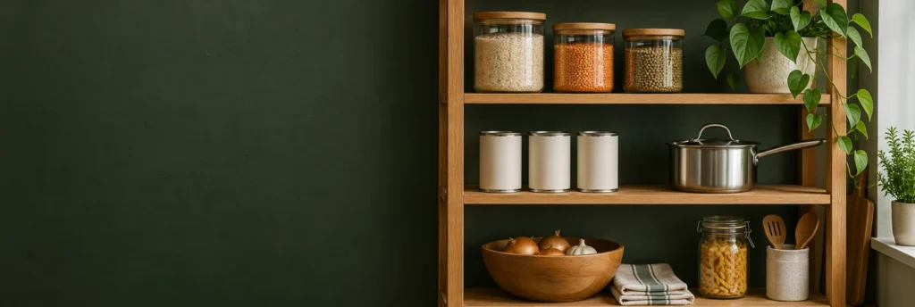 Pantry jars, tins and a covered pan on an oak shelf.