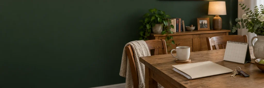 A paperwork folder, keys and a blank calendar on a dining table.