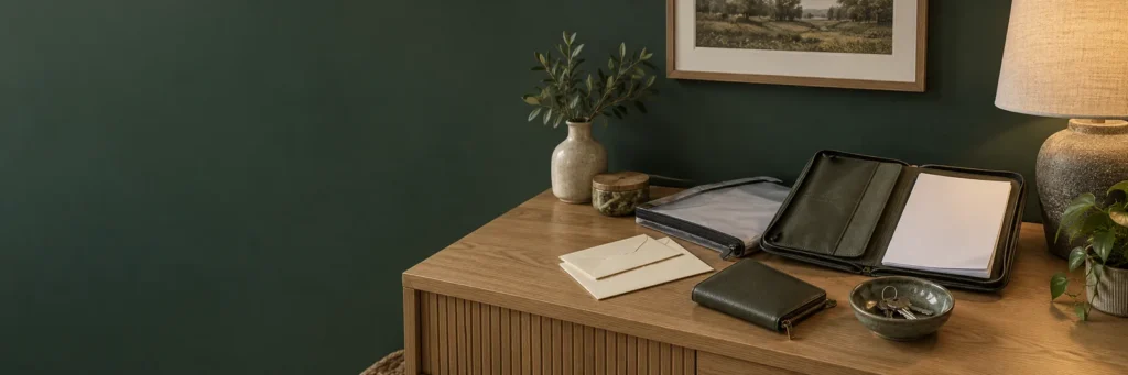 A document folder, zipped pouch, plain envelopes and house keys on a hallway console.