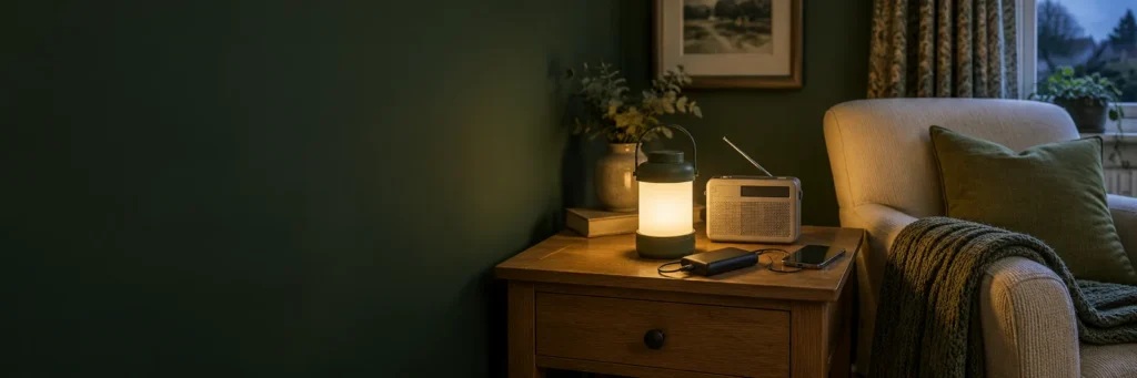 A battery lantern and radio ready on a table beside a cosy chair at dusk.