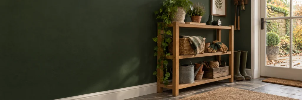 Work gloves, a torch and a basket on a utility shelf.