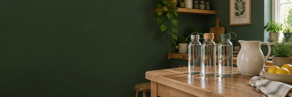 Stored drinking water bottles and a jug on an oak kitchen counter.
