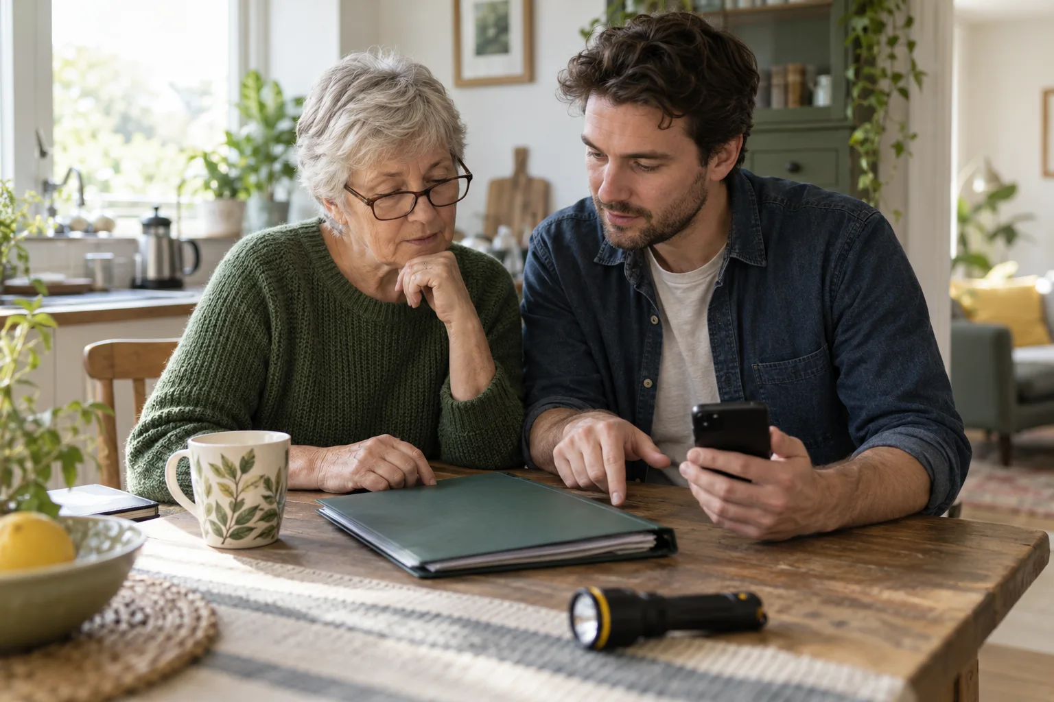 An older adult and a younger adult planning together at a kitchen table.