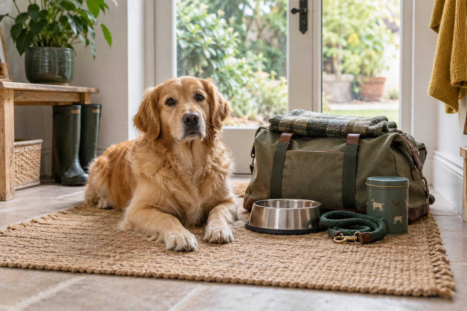 A dog beside a packed pet travel bag, blanket, lead and water bowl.