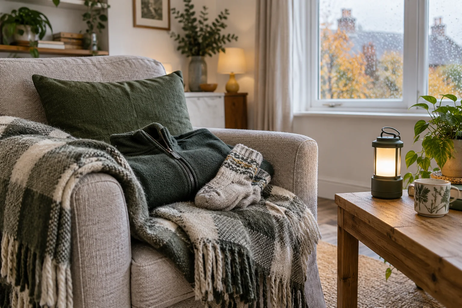 Wool blankets, warm clothing and a battery lantern beside an armchair.